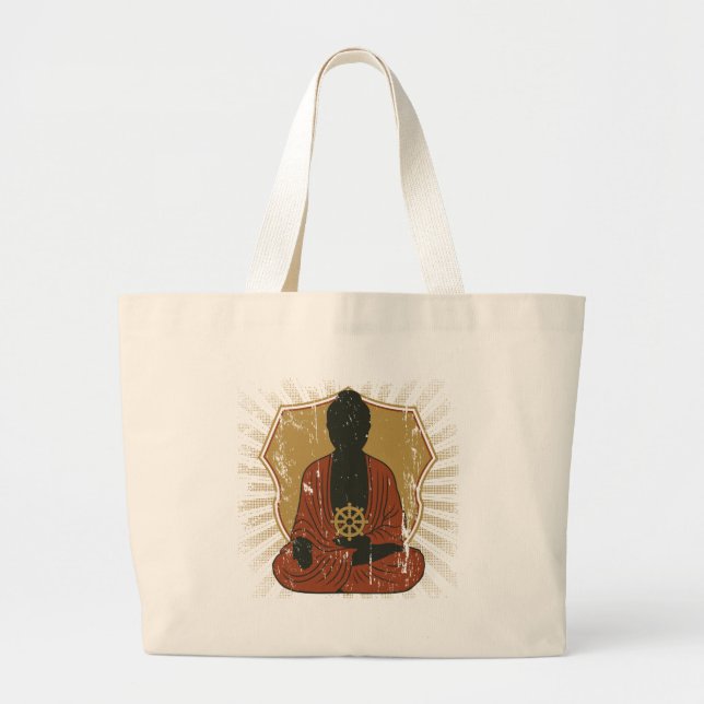 Buddha Meditating Dharma Wheel Large Tote Bag (Front)