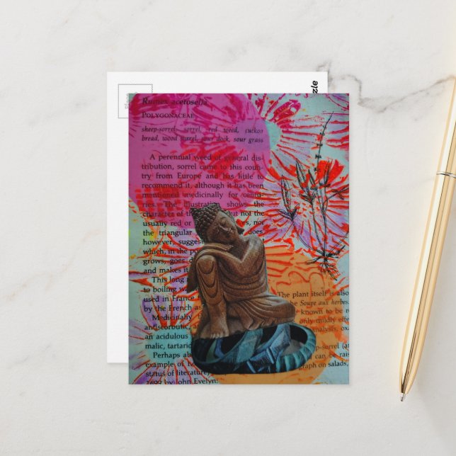 Buddha Mixed Media Peace Collage Postcard (Front/Back In Situ)