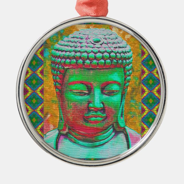 Buddha Pop in Teal Green and Red Metal Tree Decoration (Front)