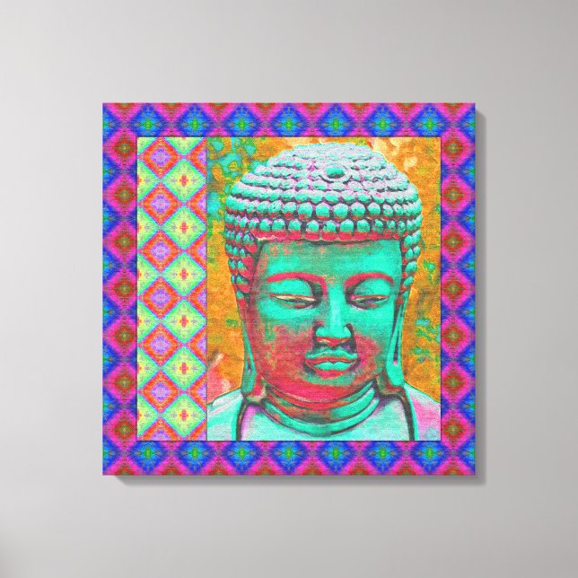 Buddha Pop with Patchwork Borders in Blue and Pink Canvas Print (Front)