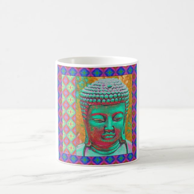 Buddha Pop with Patchwork Borders in Blue and Pink Coffee Mug (Center)