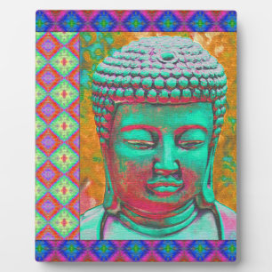 Buddha Pop with Patchwork Borders in Blue and Pink Plaque