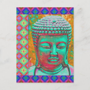 Buddha Pop with Patchwork Borders in Blue and Pink Postcard