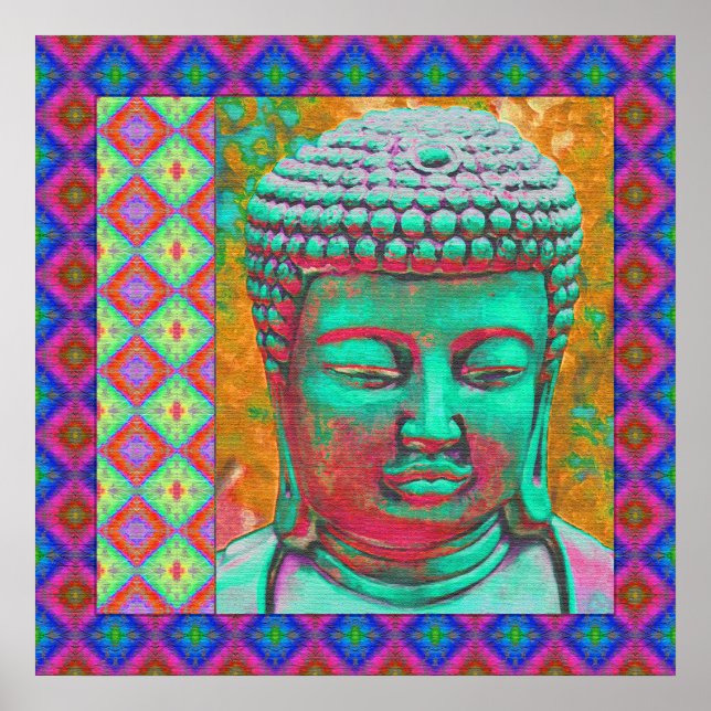 Buddha Pop with Patchwork Borders in Blue and Pink Poster (Front)