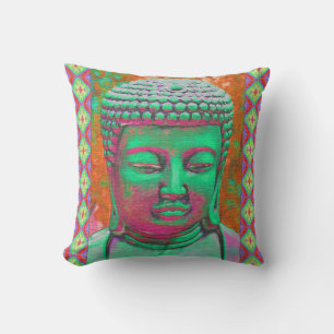 Buddha Pop with Patchwork Borders in Green and Red Cushion
