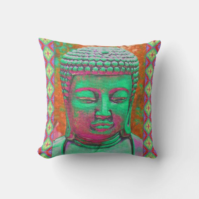 Buddha Pop with Patchwork Borders in Green and Red Cushion (Front)