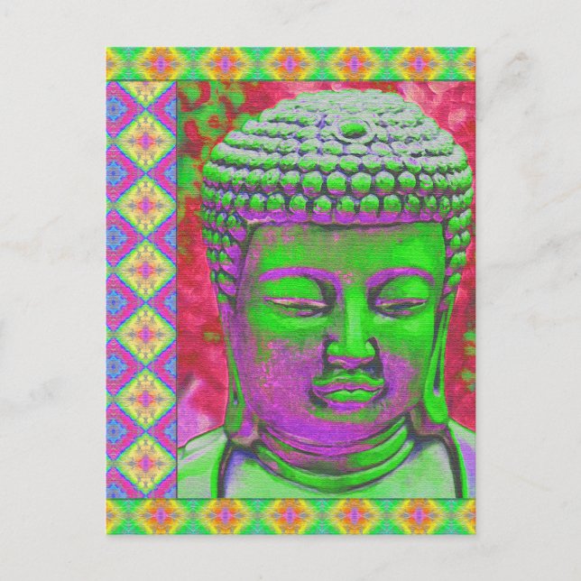 Buddha Pop with Patchwork Borders in Green and Red Postcard (Front)