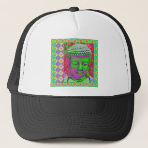 Buddha Pop with Patchwork Borders in Green and Red Trucker Hat