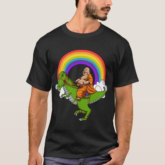 Buddha Riding T-Rex Dinosaur T-Shirt (Front)