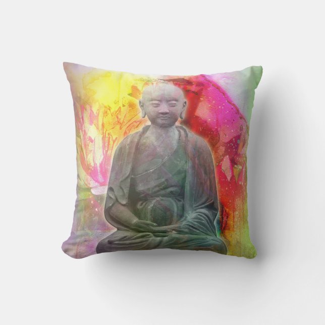 Buddha Statue on Watercolor Lotus Backdrop Cushion (Front)