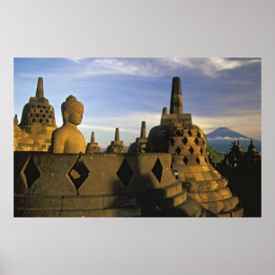 Buddha Statue, Stupas, and Volcano, Borobudur Poster
