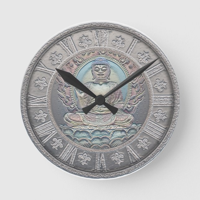 Buddha Vintage Silver Look Round Clock (Front)