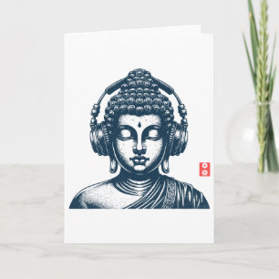 Buddha Wearing Headphones Vintage Retro Grey , Uni Card