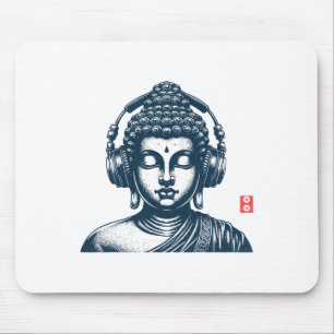 Buddha Wearing Headphones Vintage Retro Grey , Uni Mouse Mat
