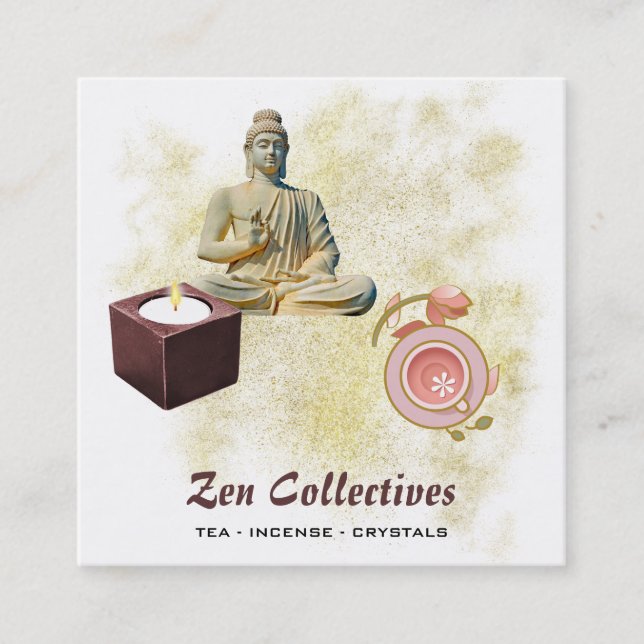 *~* Buddha Zen Candle Lotus Tea Gold Square Business Card (Front)