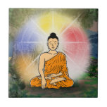 Buddha's Enlightenment Ceramic Tile<br><div class="desc">Buddha's Enlightenment & Dharma Wheel. This beautiful artwork depicts the Buddha touching the earth as his witness, symbolising his final enlightenment under the Bodhi tree. The Buddha is encircled by the Wheel of Dharma, which represents the Noble Eightfold Path—a guide to liberation and the foundation of his teachings. The Noble...</div>