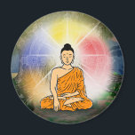 Buddha's Enlightenment & Dharma Wheel Magnet<br><div class="desc">Buddha's Enlightenment & Dharma Wheel. This beautiful artwork depicts the Buddha touching the earth as his witness, symbolising his final enlightenment under the Bodhi tree. The Buddha is encircled by the Wheel of Dharma, which represents the Noble Eightfold Path—a guide to liberation and the foundation of his teachings. The Noble...</div>