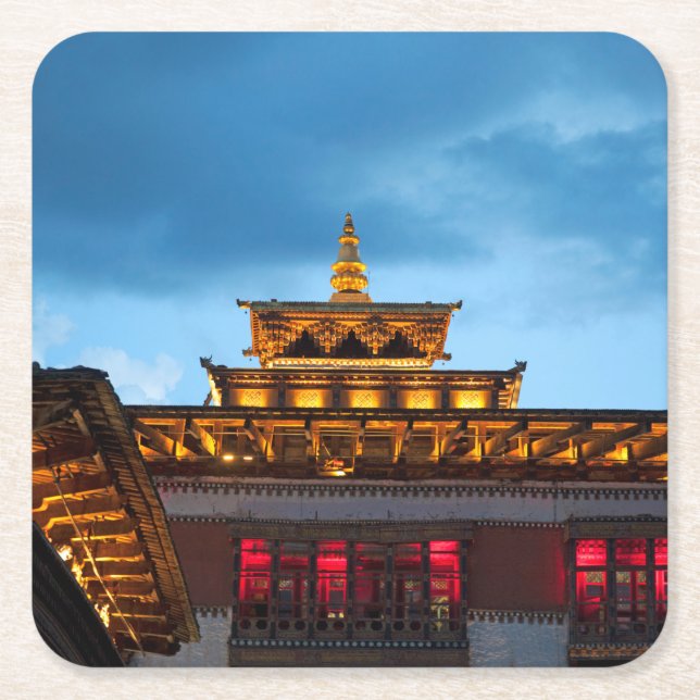 Buddhist Dzong Roof Square Paper Coaster (Front)