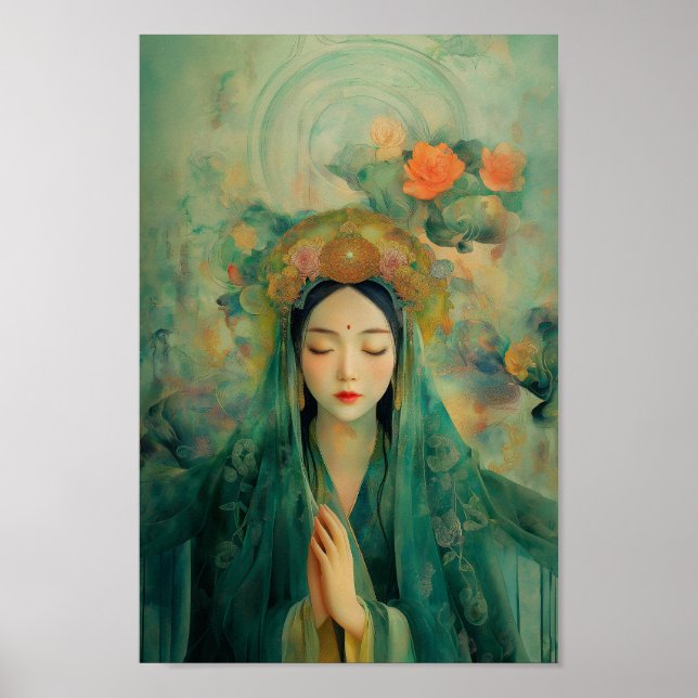 Buddhist Goddess Quan Yin Green Floral Painting  Poster (Front)