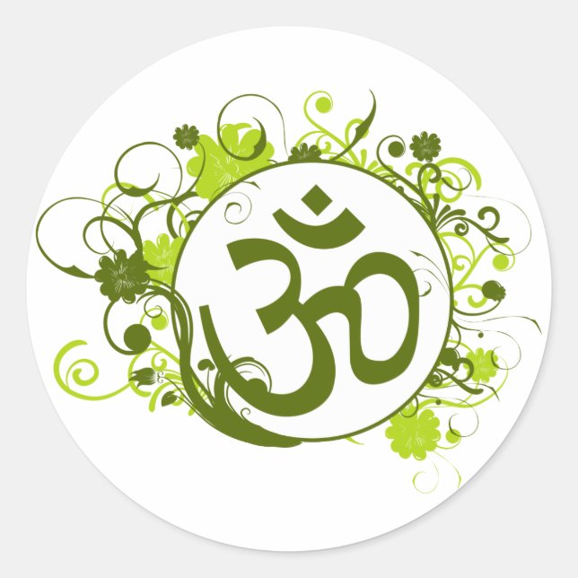 Buddhist Green Floral Om Classic Round Sticker (Front)