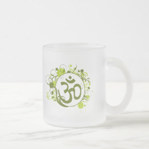Buddhist Green Floral Om Frosted Glass Coffee Mug