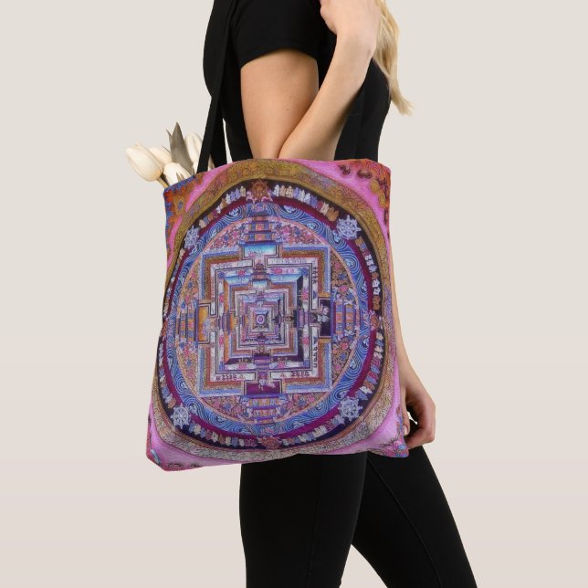 Buddhist Kalachakra Sera Mandala in Pink Tote Bag (Close Up)