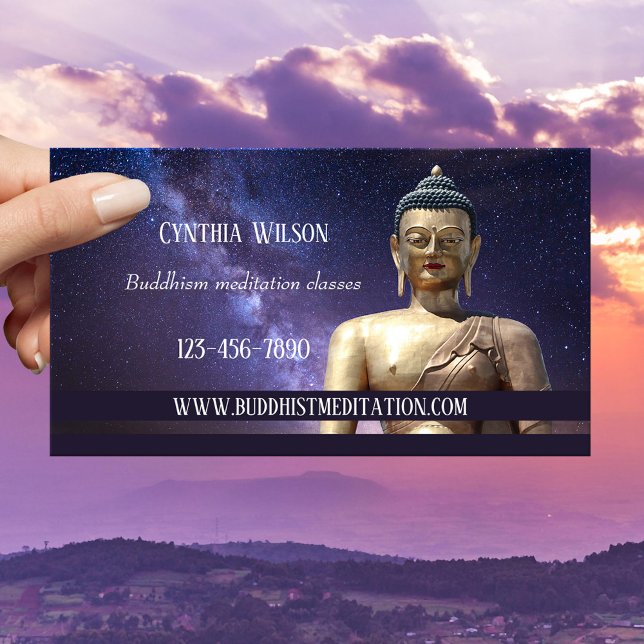 Buddhist Meditation Teacher Business Card (Spiritual meditation business card featuring an image of the Buddha on a galaxy Milky Way background)