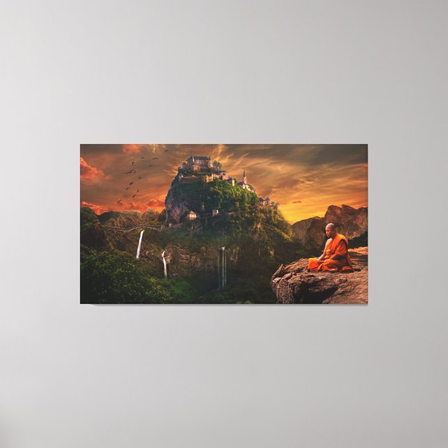 Buddhist Monk Meditating Fantasy Landscape Canvas Print (Front)