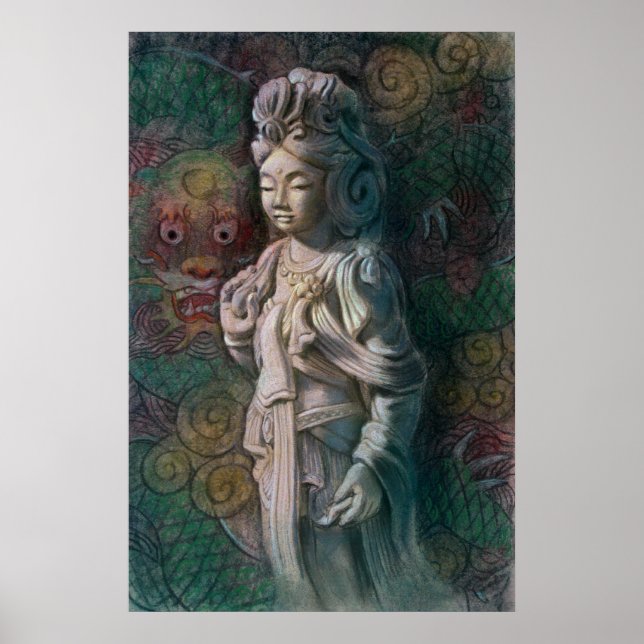 Buddhist Poster Kuan Yin & Zen Dragon Buddha Art (Front)