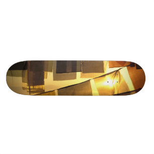 Buddhist prayer flags in the sunset, skateboard