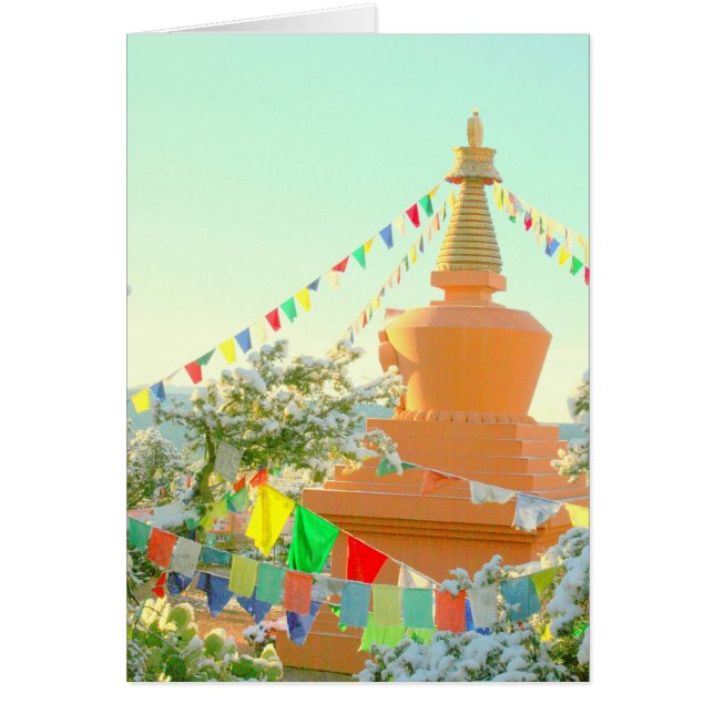 Buddhist stupa with prayer flags in snow (Front)