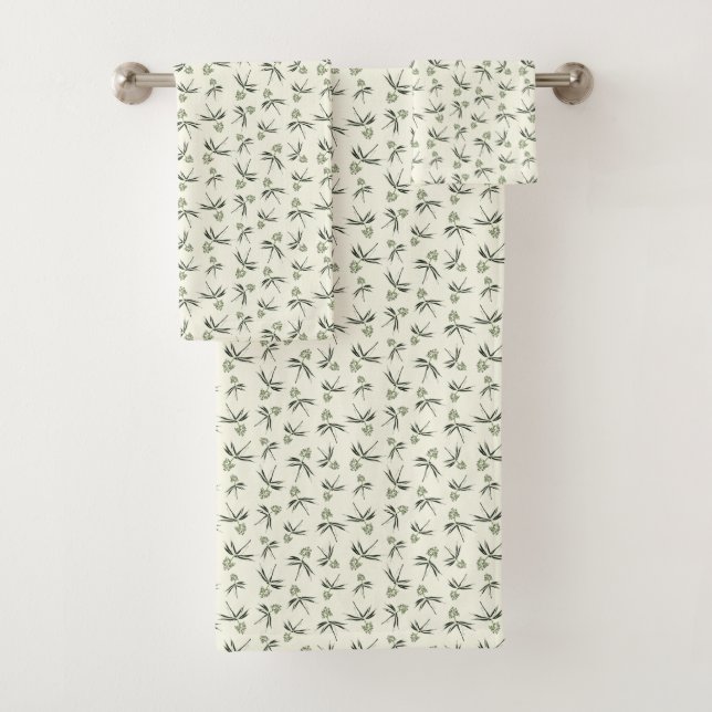 Budding Green Branches on cream - seamless pattern Bath Towel Set (Insitu)