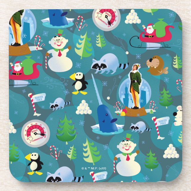 Buddy the Elf and Characters Teal Pattern Coaster (Front)