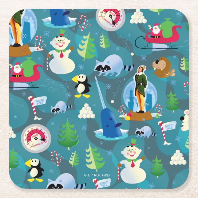 Buddy the Elf and Characters Teal Pattern Square Paper Coaster (Front)