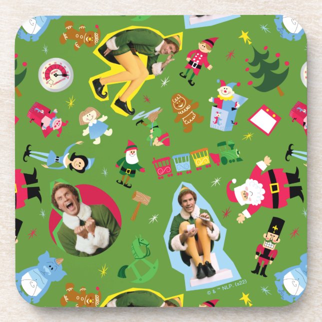 Buddy the Elf and Christmas Icons Pattern Coaster (Front)