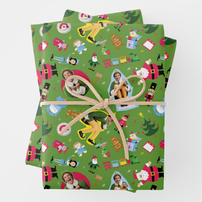 Buddy the Elf and Christmas Icons Pattern Wrapping Paper Sheet (In situ)
