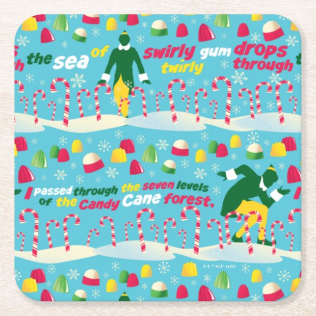 Buddy the Elf Candy Pattern Square Paper Coaster (Front)