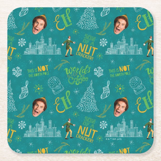 Buddy the Elf Teal Quote Pattern Square Paper Coaster (Front)