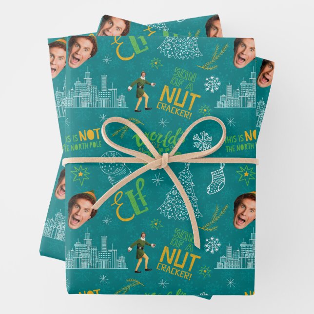 Buddy the Elf Teal Quote Pattern Wrapping Paper Sheet (In situ)