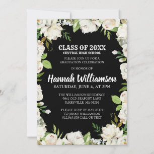 Budge Black White Floral Class of 2021 Graduation Invitation