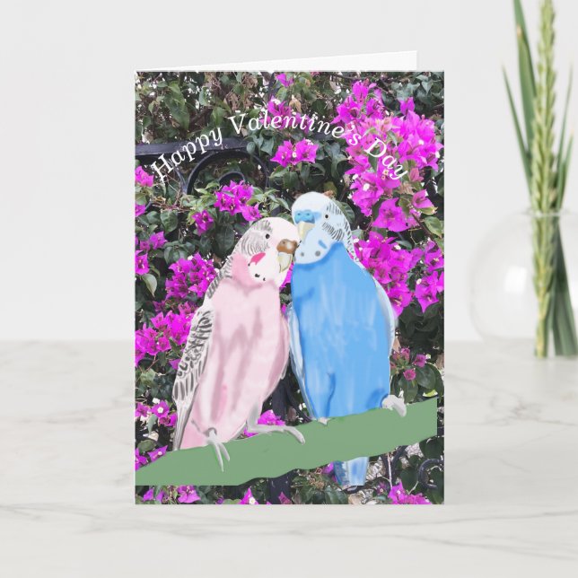 Budgerigar and Bourganvillia Holiday Card (Front)