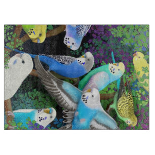 Budgerigar Parakeet Parrots in Ferns Cutting Board