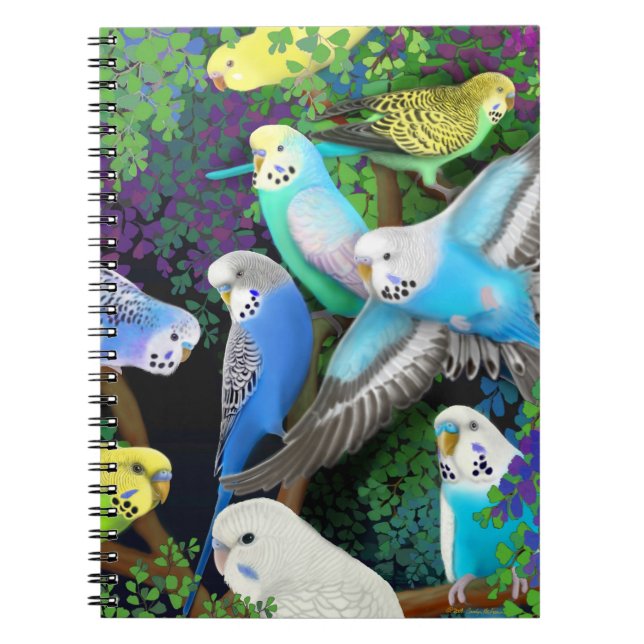 Budgerigar Parrots in Ferns Notebook (Front)