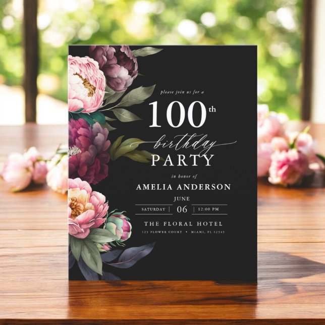 Budget 100th Birthday Moody Floral Invitation (Creator Uploaded)
