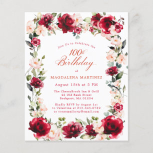 BUDGET 100th Birthday Red Rose Pink Peony Invite