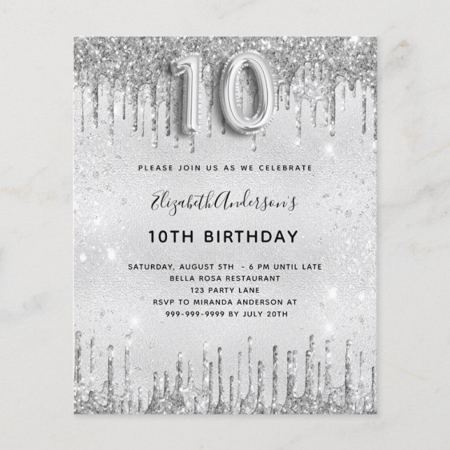 Budget 10th birthday silver glitter invitation (Front)