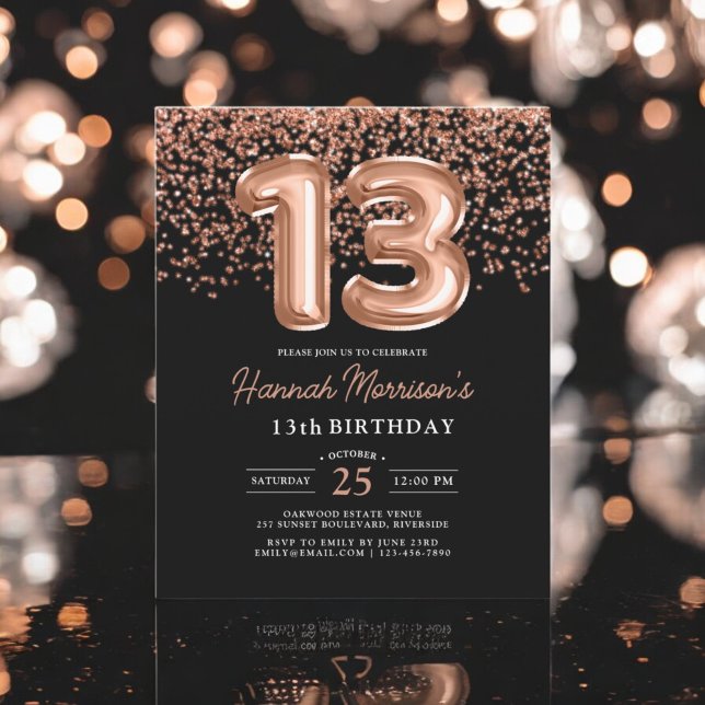 Budget 13th Birthday Rose Gold Black Invitation  (Creator Uploaded)