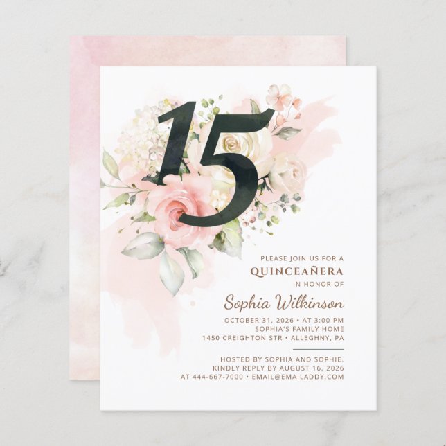 Budget 15th Birthday Floral Quinceanera Invitation (Front/Back)