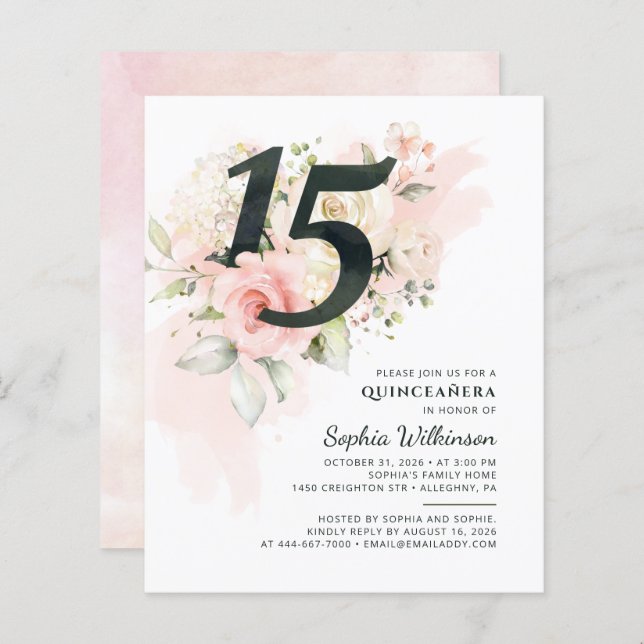 Budget 15th Birthday Floral Quinceanera Invitation (Front/Back)