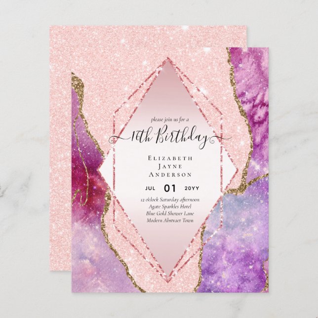 BUDGET 16th Birthday Glittery AGATE Sparkle Invite (Front/Back)